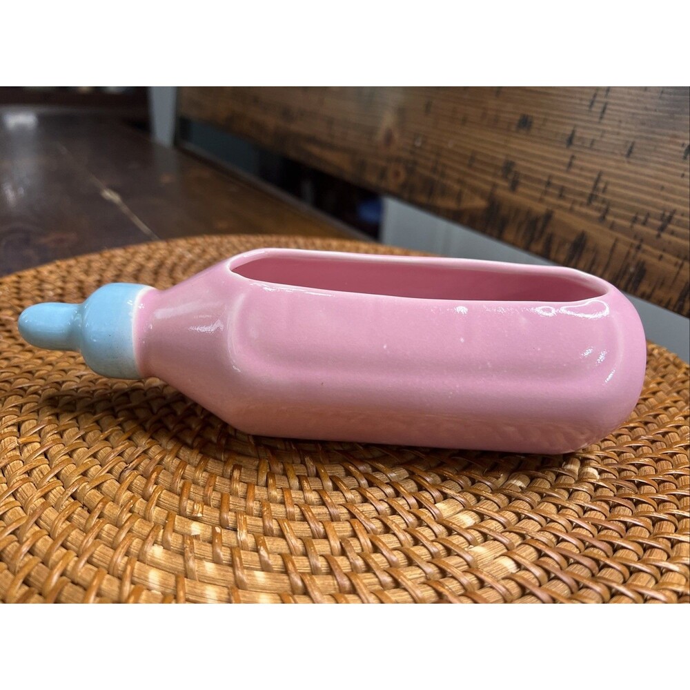 Vintage Baby Bottle Planter Girl Pink and Blue Shower Decor Ceramic